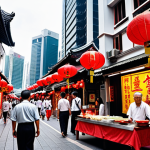 **Image:** A vibrant street scene in Singapore's Chinatown. Include traditional red lanterns, food stalls with Chinese calligraphy signs, and people dressed in traditional clothing. The atmosphere should be bustling and filled with the aroma of incense. In the background, subtly include modern skyscrapers to show the contrast between tradition and modernity in Singapore.