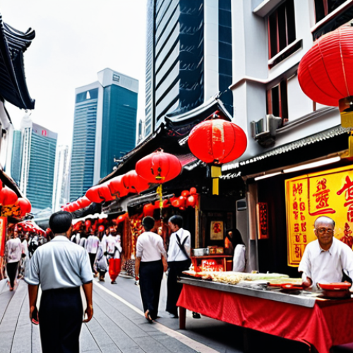 Home 11 **Image:** A vibrant street scene in Singapore's Chinatown. Include traditional red lanterns, food stalls with Chinese calligraphy signs, and people dressed in traditional clothing. The atmosphere should be bustling and filled with the aroma of incense. In the background, subtly include modern skyscrapers to show the contrast between tradition and modernity in Singapore.