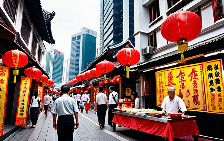 **Image:** A vibrant street scene in Singapore's Chinatown. Include traditional red lanterns, food stalls with Chinese calligraphy signs, and people dressed in traditional clothing. The atmosphere should be bustling and filled with the aroma of incense. In the background, subtly include modern skyscrapers to show the contrast between tradition and modernity in Singapore.