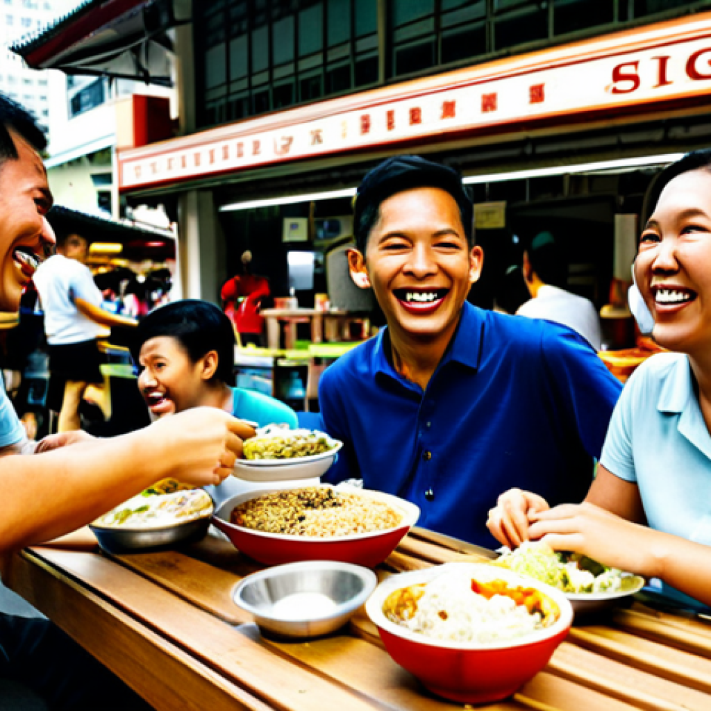 **

"A group of diverse, fully clothed foreign workers in Singapore, laughing and sharing a meal at a hawker center. Modest attire, appropriate content, safe for work. Background includes iconic Singaporean architecture. Perfect anatomy, natural proportions, professional photography, high quality, family-friendly."

**