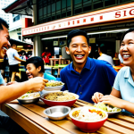**

"A group of diverse, fully clothed foreign workers in Singapore, laughing and sharing a meal at a hawker center. Modest attire, appropriate content, safe for work. Background includes iconic Singaporean architecture. Perfect anatomy, natural proportions, professional photography, high quality, family-friendly."

**