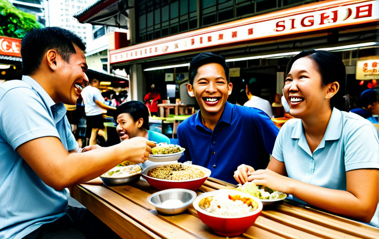**

"A group of diverse, fully clothed foreign workers in Singapore, laughing and sharing a meal at a hawker center. Modest attire, appropriate content, safe for work. Background includes iconic Singaporean architecture. Perfect anatomy, natural proportions, professional photography, high quality, family-friendly."

**