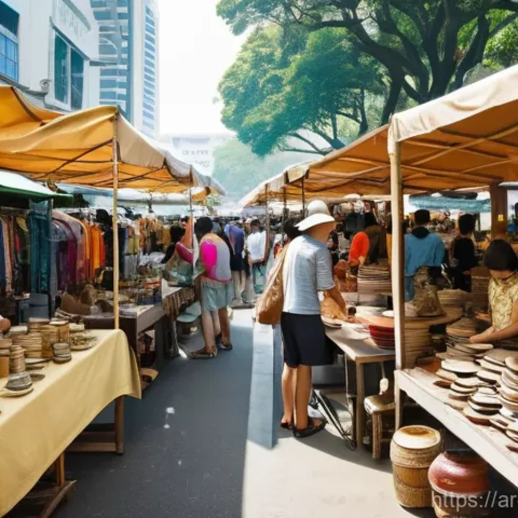 싱가포르 중고시장 탐방 - Bustling Vintage Market Atmosphere** "A wide-angle shot capturing the lively and vibrant atmosph...