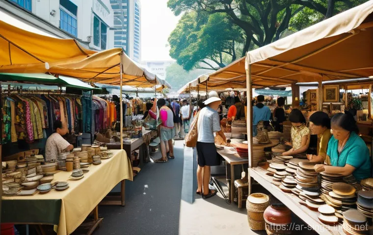 싱가포르 중고시장 탐방 - Bustling Vintage Market Atmosphere** "A wide-angle shot capturing the lively and vibrant atmosph...