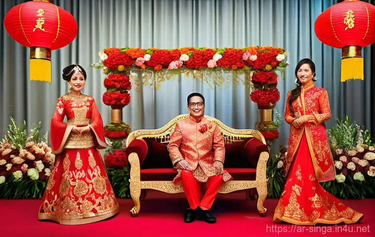 싱가포르 결혼 문화 - A Grand Singaporean Wedding Fusion Celebration** A vibrant and elegant scene depicting a multi-cult...