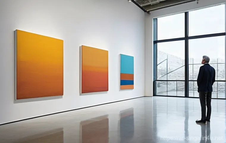 싱가포르에서의 사진 전시회 - **Prompt 1: Soulful Contemplation at an Art Exhibition** "A person, modestly dressed in smart-ca...