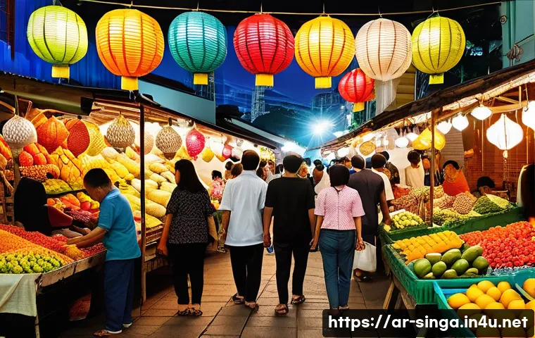싱가포르 전통 시장 - A vibrant traditional Singapore market scene bustling with diverse people shopping among colorful st...
