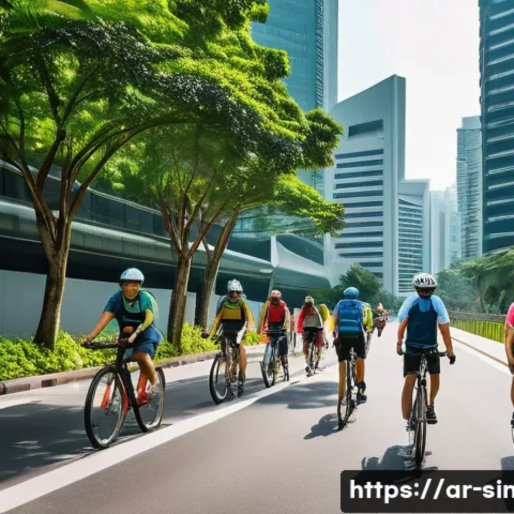 싱가포르에서 자전거 타기 - A vibrant urban cycling scene in Singapore featuring a diverse group of cyclists riding hybrid bikes...