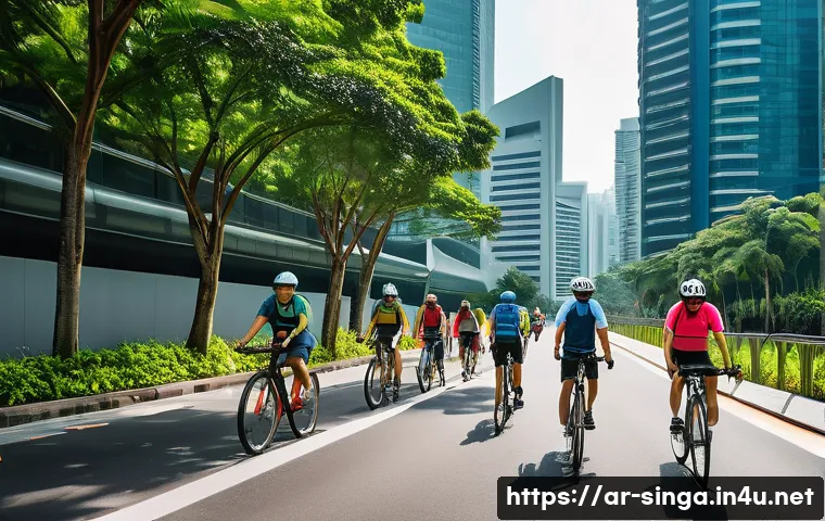 싱가포르에서 자전거 타기 - A vibrant urban cycling scene in Singapore featuring a diverse group of cyclists riding hybrid bikes...