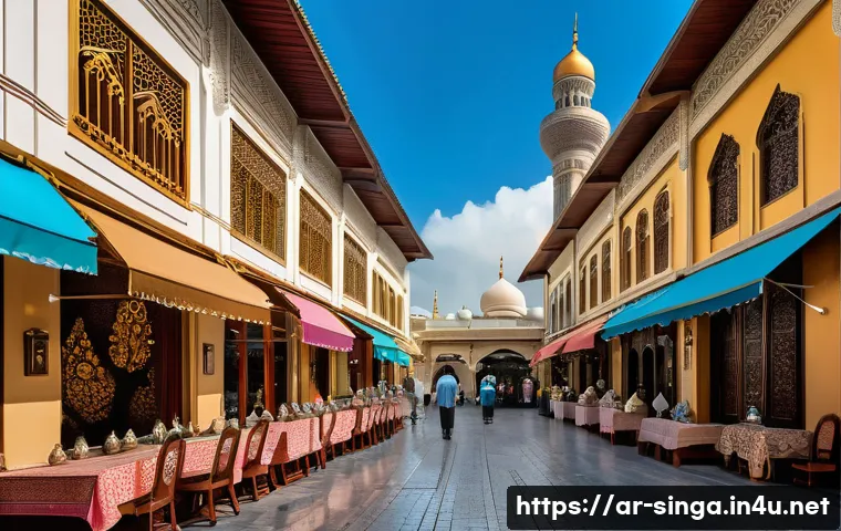 싱가포르 문화유산 투어 - A vibrant street scene of Arab Street in Singapore during daytime, showcasing traditional Islamic ar...