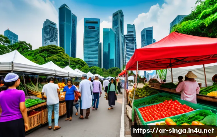 싱가포르 유기농 매장 - A vibrant organic farmers' market scene in Singapore, featuring diverse stalls with fresh, colorful ...