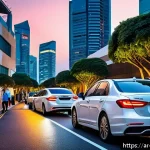 싱가포르에서 우버 이용하기 - A vibrant street scene in Singapore at dusk showing a diverse group of Arabic-speaking passengers wa...