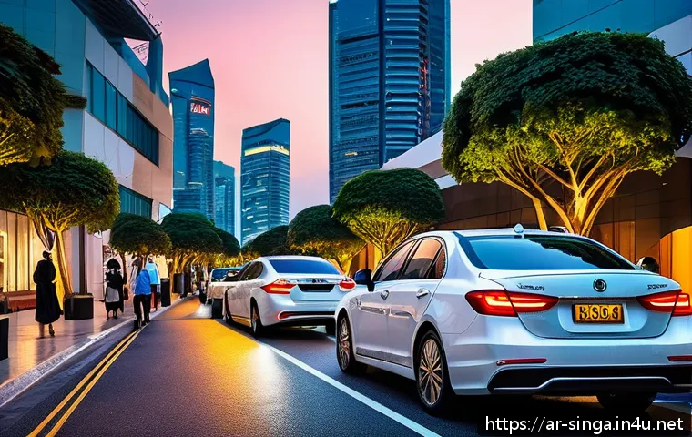 싱가포르에서 우버 이용하기 - A vibrant street scene in Singapore at dusk showing a diverse group of Arabic-speaking passengers wa...