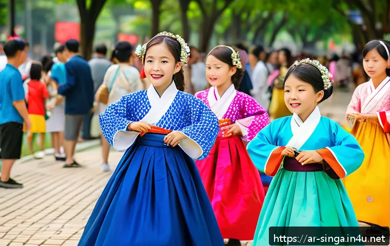 싱가포르 한인 커뮤니티 - A vibrant scene of a Korean cultural festival in Singapore’s urban park during the day, featuring fa...