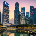 싱가포르와 두바이 비교 - A bustling modern financial district in Singapore at dusk, featuring sleek skyscrapers with illumina...