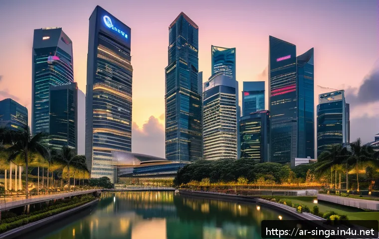 싱가포르와 두바이 비교 - A bustling modern financial district in Singapore at dusk, featuring sleek skyscrapers with illumina...