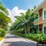 싱가포르 장기 체류 시 팁 - A serene residential neighborhood scene in Holland Village, Singapore, showcasing lush greenery, qui...
