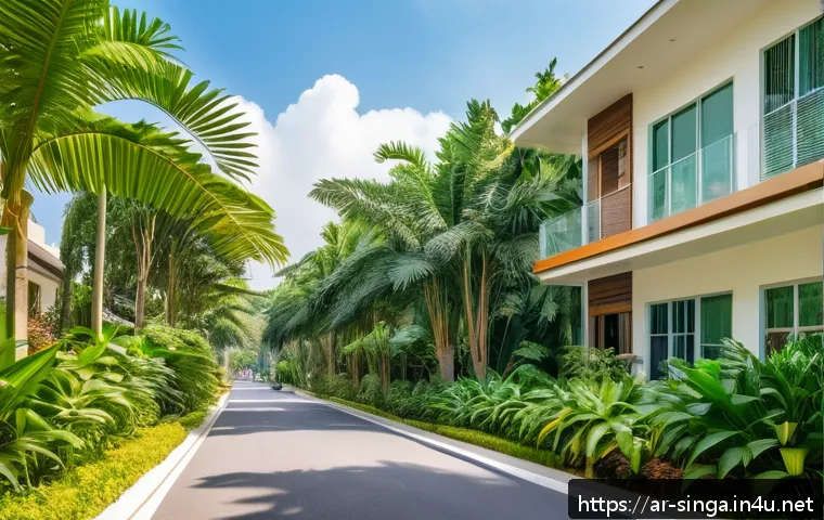 싱가포르 장기 체류 시 팁 - A serene residential neighborhood scene in Holland Village, Singapore, showcasing lush greenery, qui...