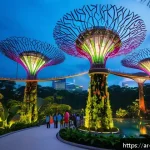 싱가포르 주말 여행 코스 - A vibrant scene inside Singapore&rsquo;s Gardens by the Bay at dusk, featuring lush tropical plants and to...