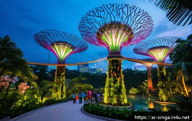 싱가포르 주말 여행 코스 - A vibrant scene inside Singapore&rsquo;s Gardens by the Bay at dusk, featuring lush tropical plants and to...