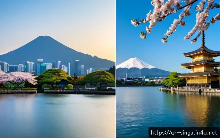 싱가포르와 일본 비교 - Photorealistic side-by-side travel comparison scene, Singapore modern waterfront skyline with lush t...