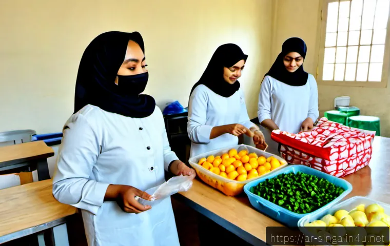 싱가포르에서의 봉사 활동 - Photorealistic community food-packing volunteer activity in Singapore, a modest Arab woman wearing a...