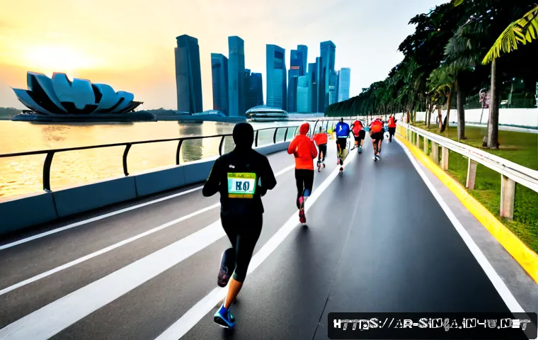 싱가포르 마라톤 대회 - Photorealistic wide-angle sunrise scene of a major marathon race in Singapore, diverse adult runners...