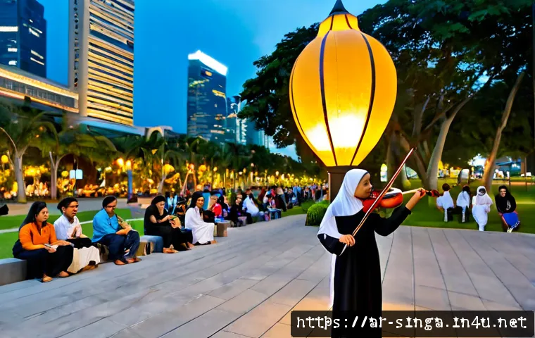 싱가포르 길거리 공연 - Photorealistic evening street performance in Singapore, a talented violinist playing beneath warm la...