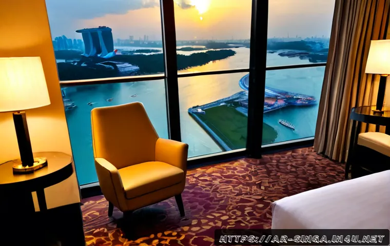싱가포르 숙소 추천 - Photorealistic luxury hotel room in Singapore with floor-to-ceiling windows overlooking a glowing tr...