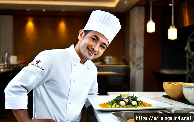 싱가포르의 스타 셰프 - Photorealistic portrait of a celebrated Singaporean chef in a pristine open kitchen, wearing a crisp...