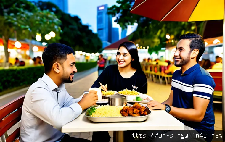 Home 17 싱가포르 스트리트 푸드 - Photorealistic Singapore hawker center at golden evening, a modest Arab family enjoying halal-friend...